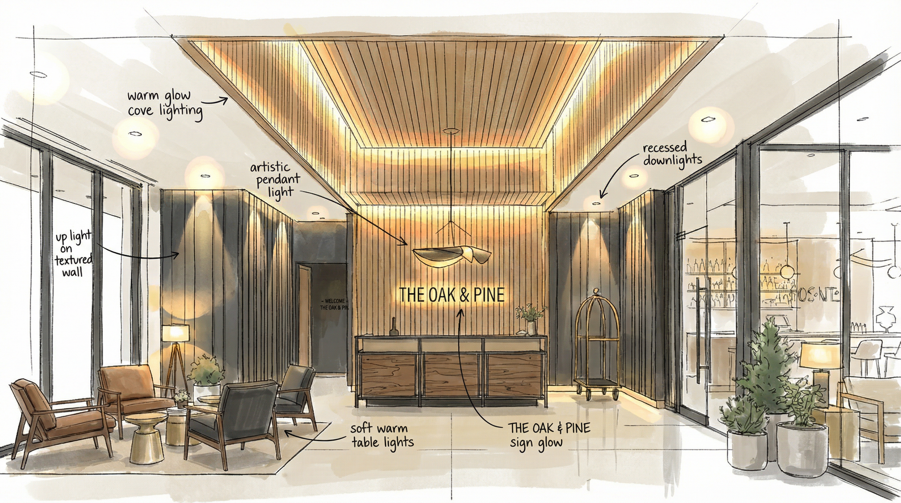 Hotel reception lighting concept sketch showing warm cove light, pendant placement, downlights, and table lamps