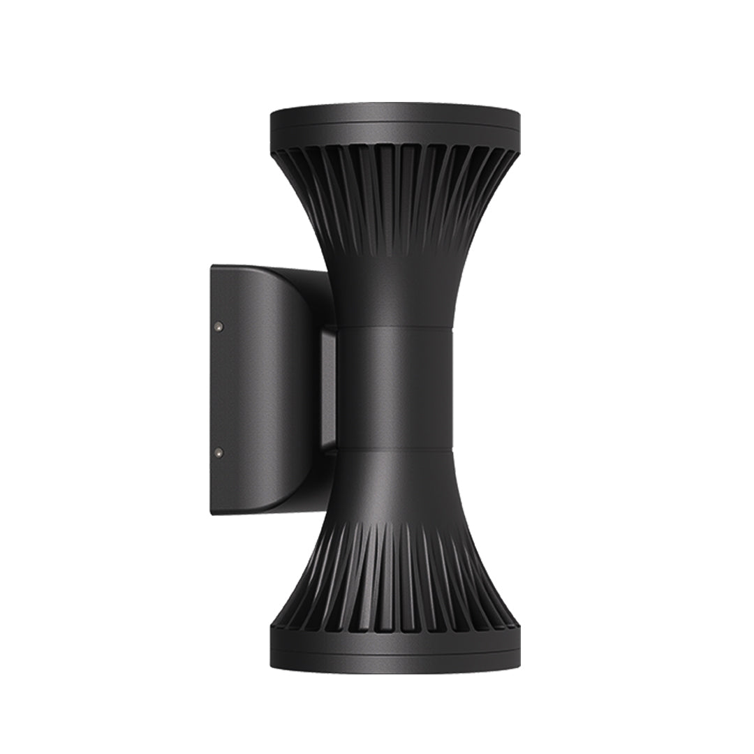 Detailed front view of the unique hourglass-shaped black Outdoor Wall Lighting Fixtures with cooling fins.
