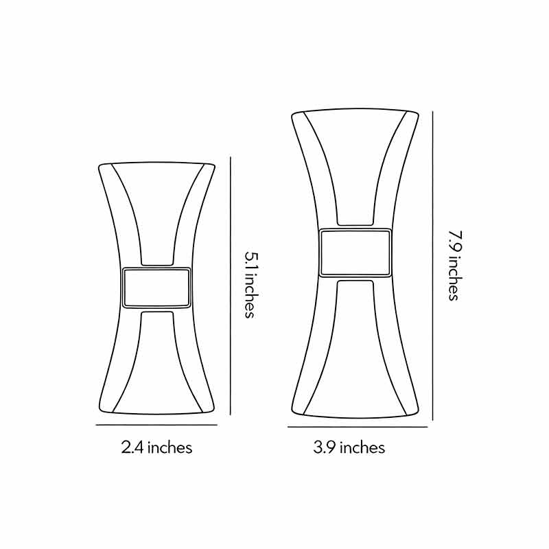 Technical diagram showing dimensions and structure of hourglass wall light models.