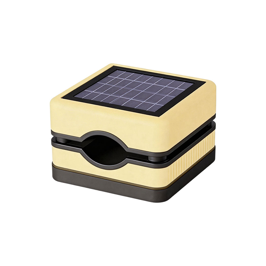 House pillar lights with a black metal frame and illuminated sides for ambient outdoor lighting.