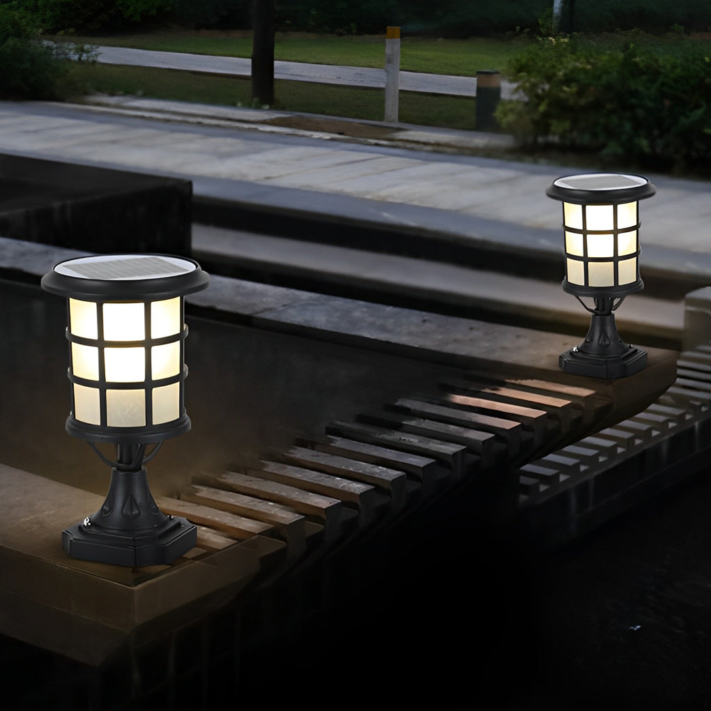 House pillar lights with a close-up of their solar panel and structure.