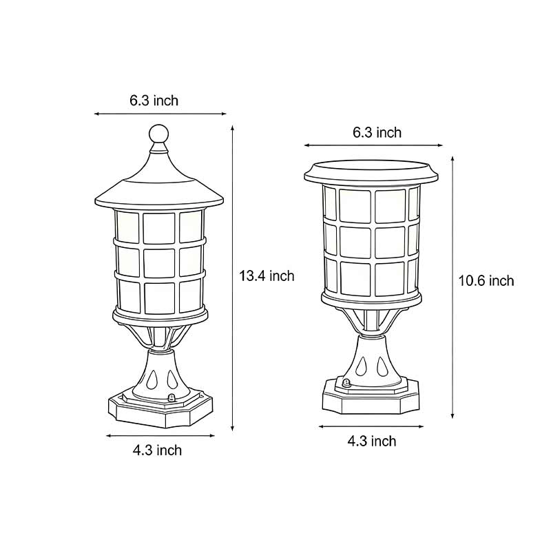 Technical diagram showing dimensions and structure of house pillar lights models.