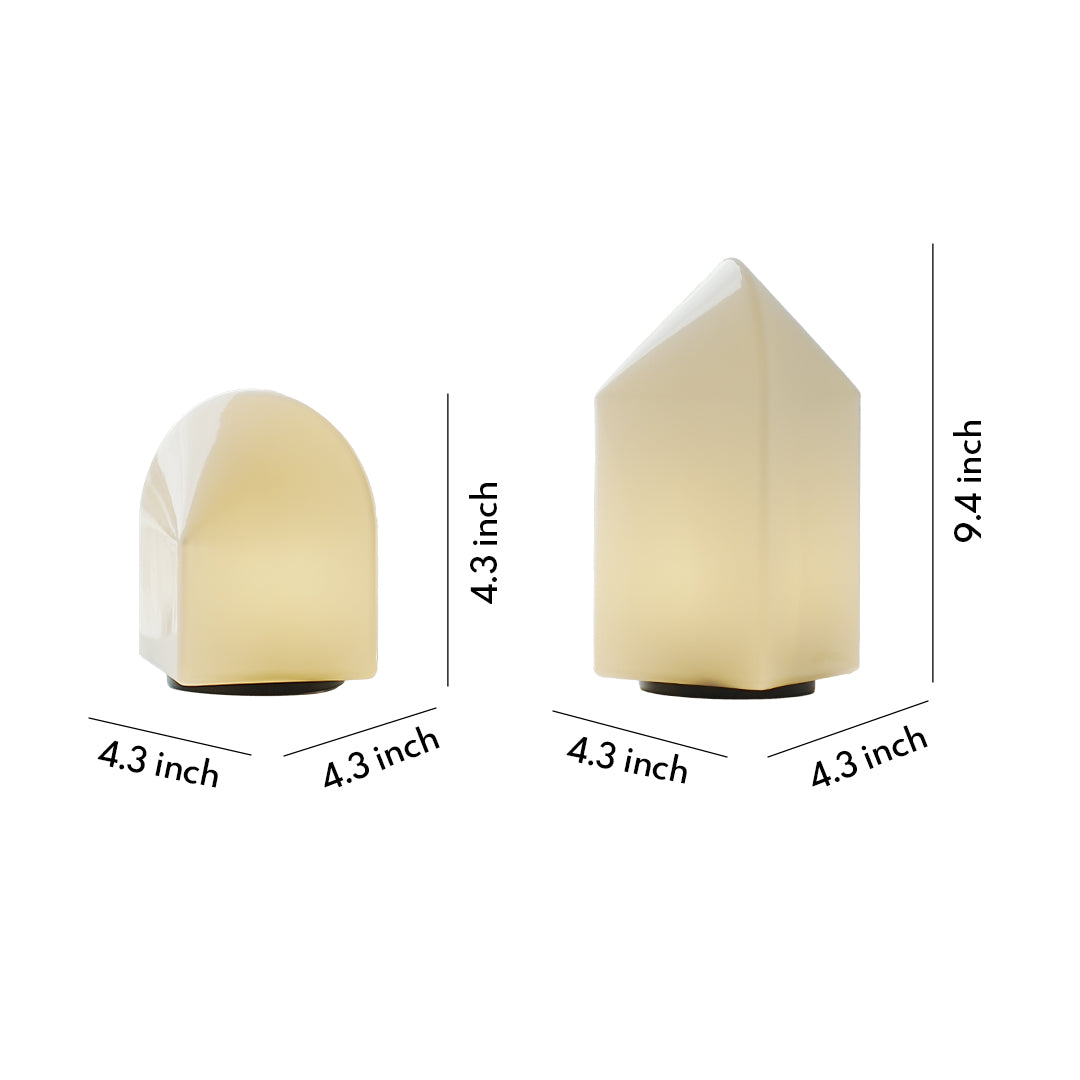 Set of house-shaped modern white table lamps in white glass with size dimensions.