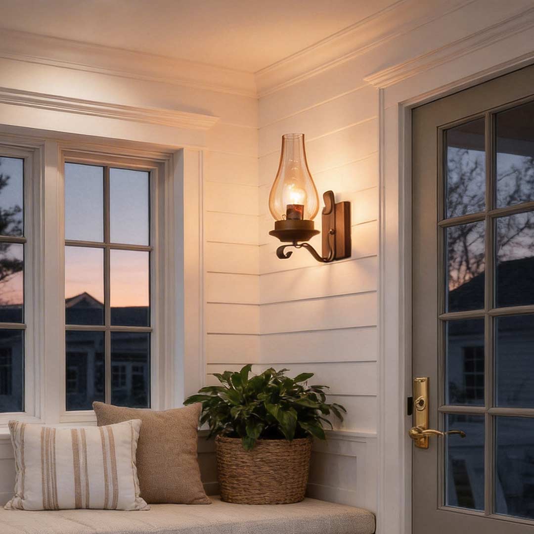 Hurricane wall light illuminating a cozy living room with warm vintage glow.