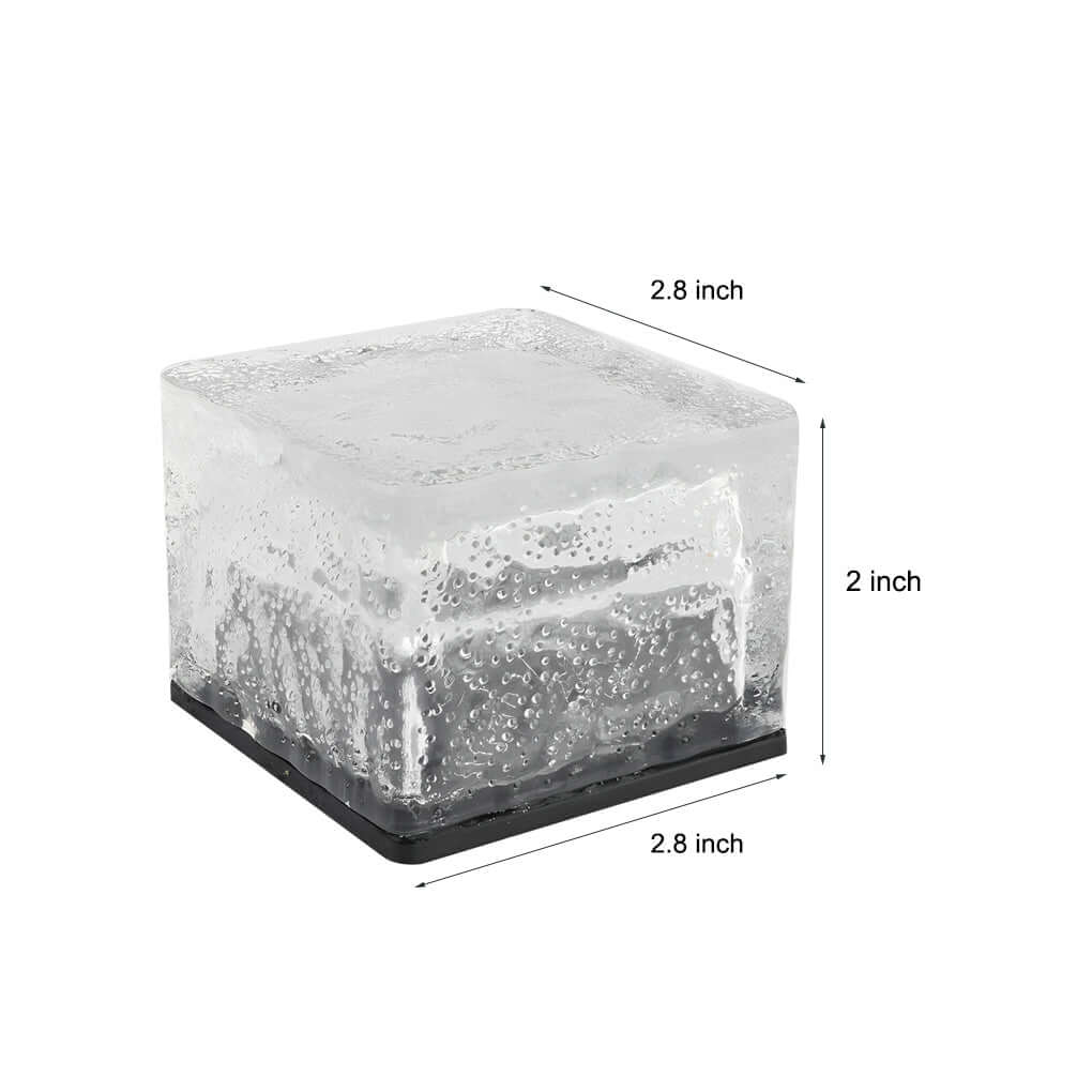 Ice cube solar light with visible size dimensions diagram.
