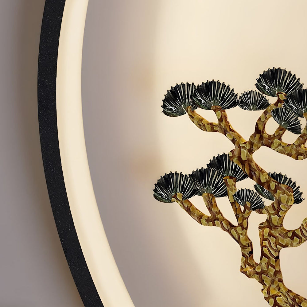 Close-up detail of illuminated bonsai tree sculpture with intricate branching pattern and warm LED backlighting
