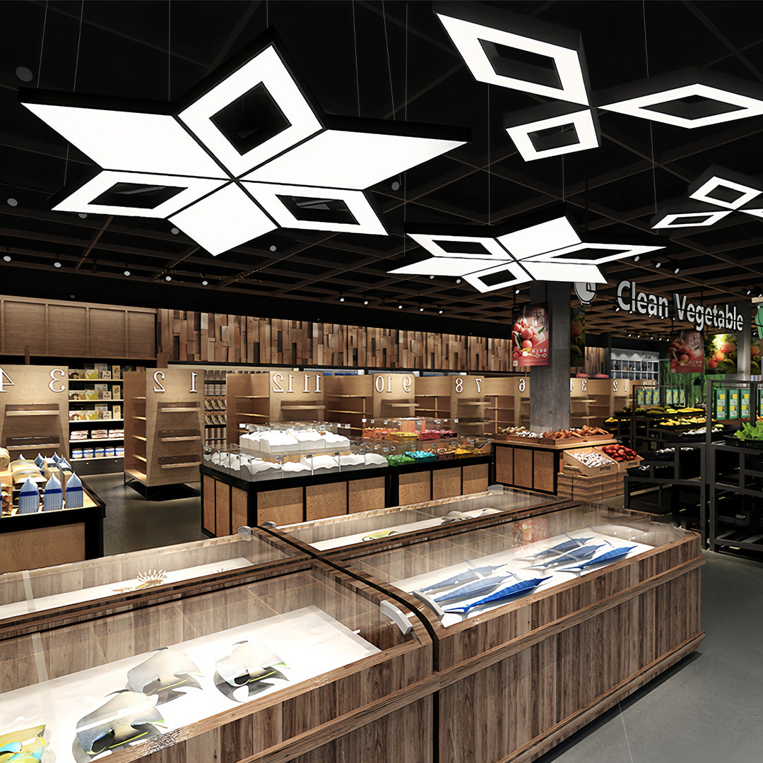 Illuminated black modern chandelier with sleek geometric panels, offering dynamic and ambient lighting for any space.