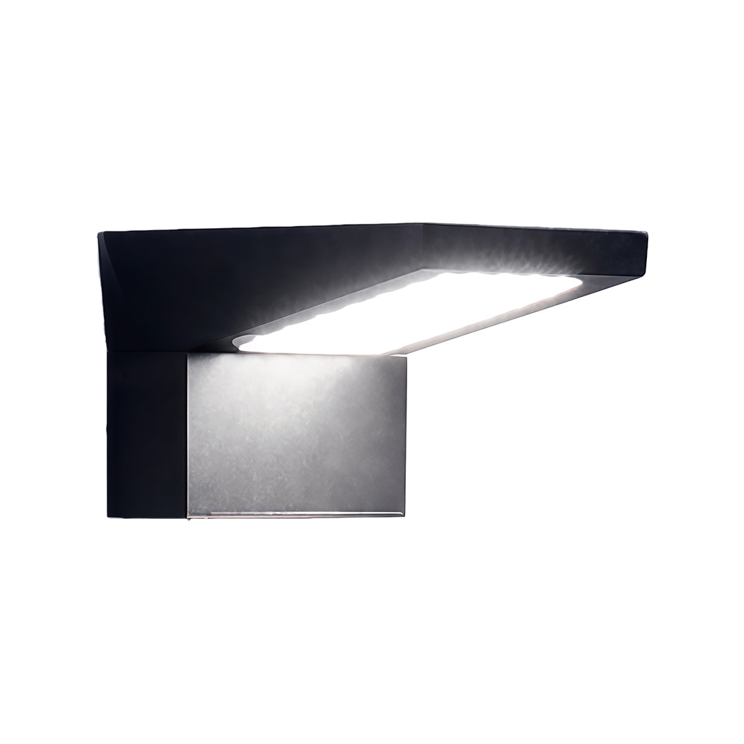 Illuminated product image of the modern, L-shaped black wall mount outdoor light fixtures on a white background.