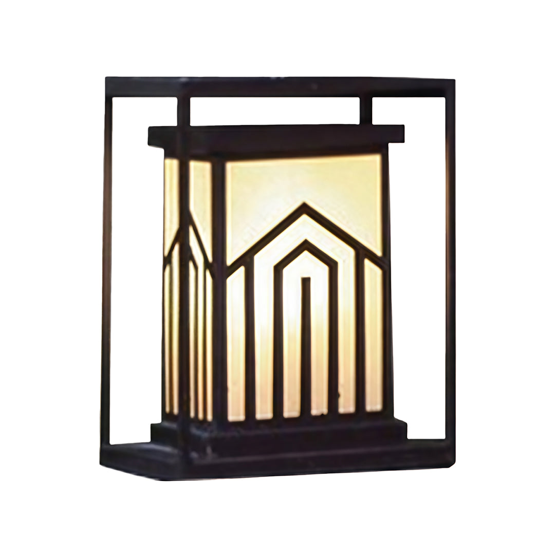 Warmly illuminated lantern outdoor lights featuring a dark frame and a geometric Art Deco pattern, isolated on white.