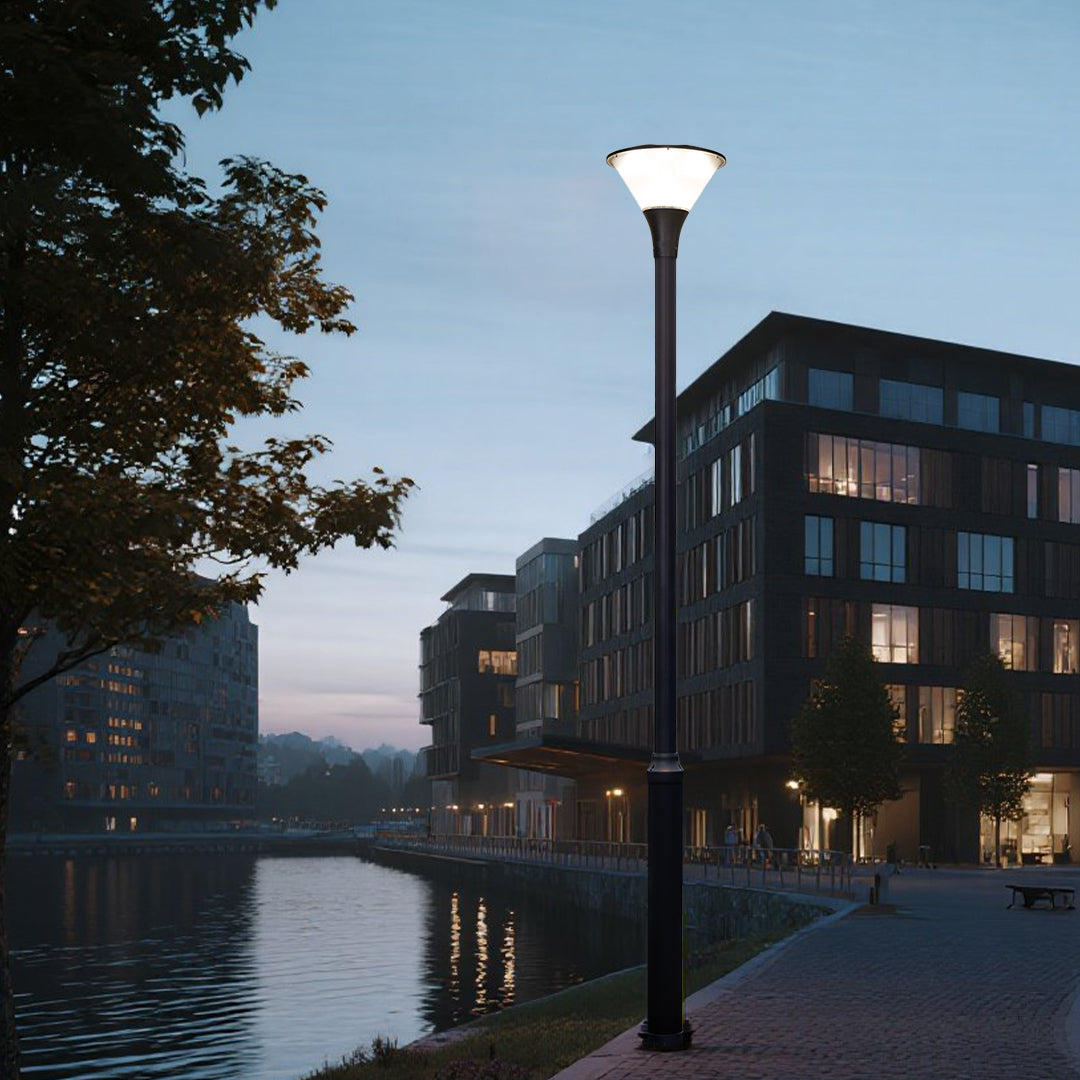 Illuminated pathway lights creating safe pedestrian walkway during golden hour sunset