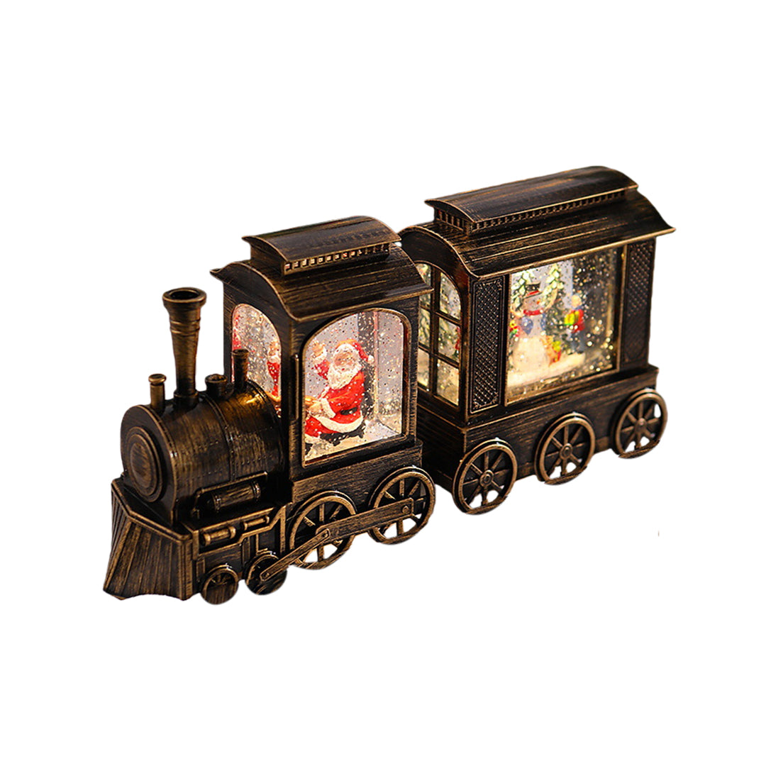 Christmas train decoration with illuminated Santa cabin and gold-black locomotive design.