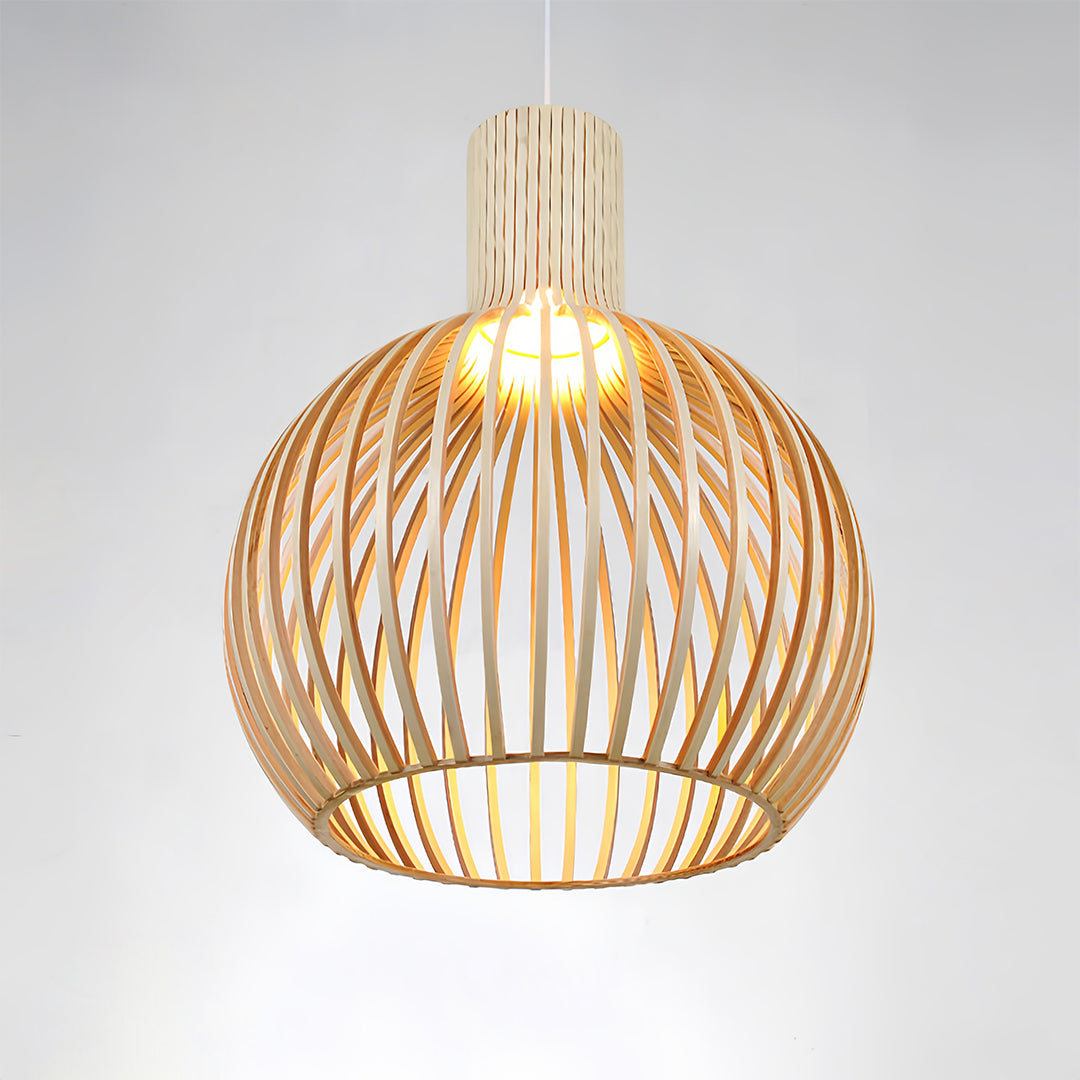 Wooden bird cage pendant light with illuminated bulb, warm and stylish indoor lighting