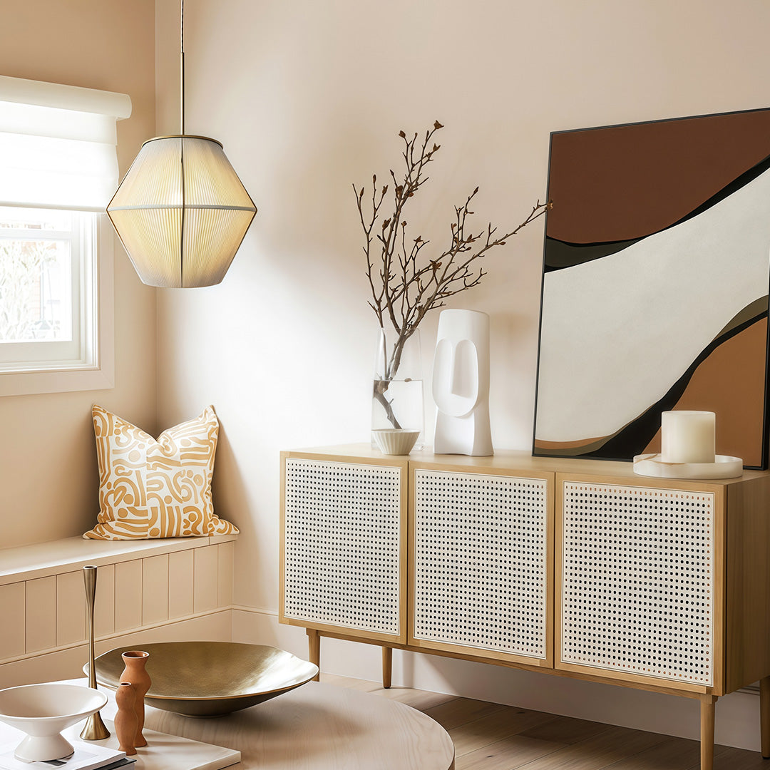 Japanese-style pendant light illuminating a minimalist room, bringing a touch of Japanese tradition and design.