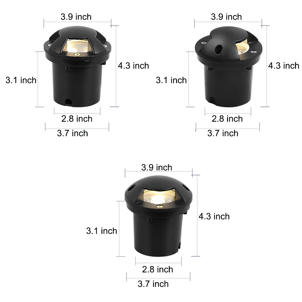 Three in-ground low voltage landscape lighting fixtures in a row, demonstrating consistent and elegant outdoor lighting.