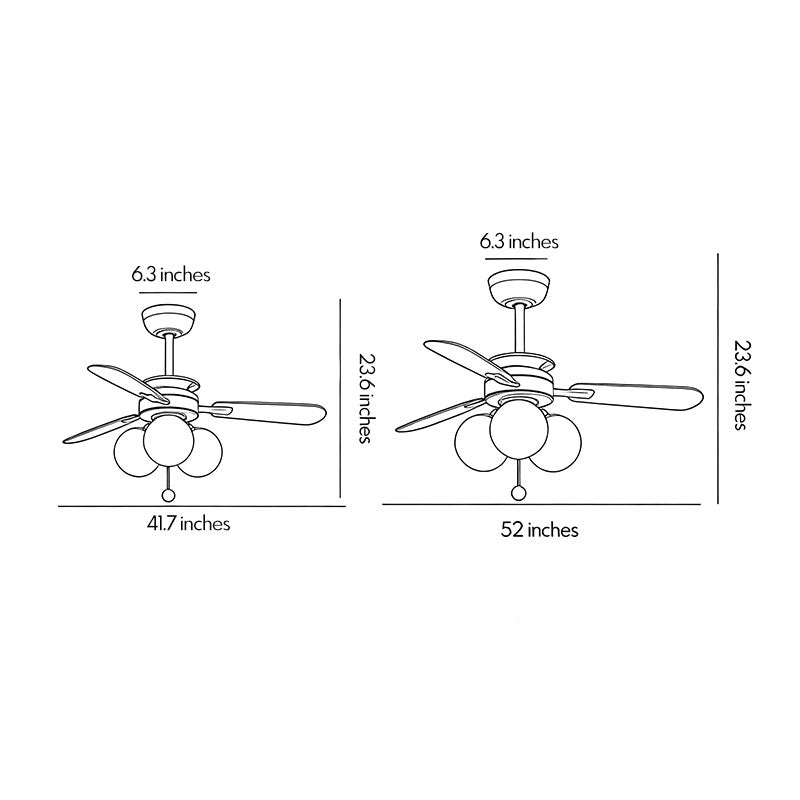 Indoor ceiling fan with light dimension drawing showing blade span, fixture height, and two mounting options.