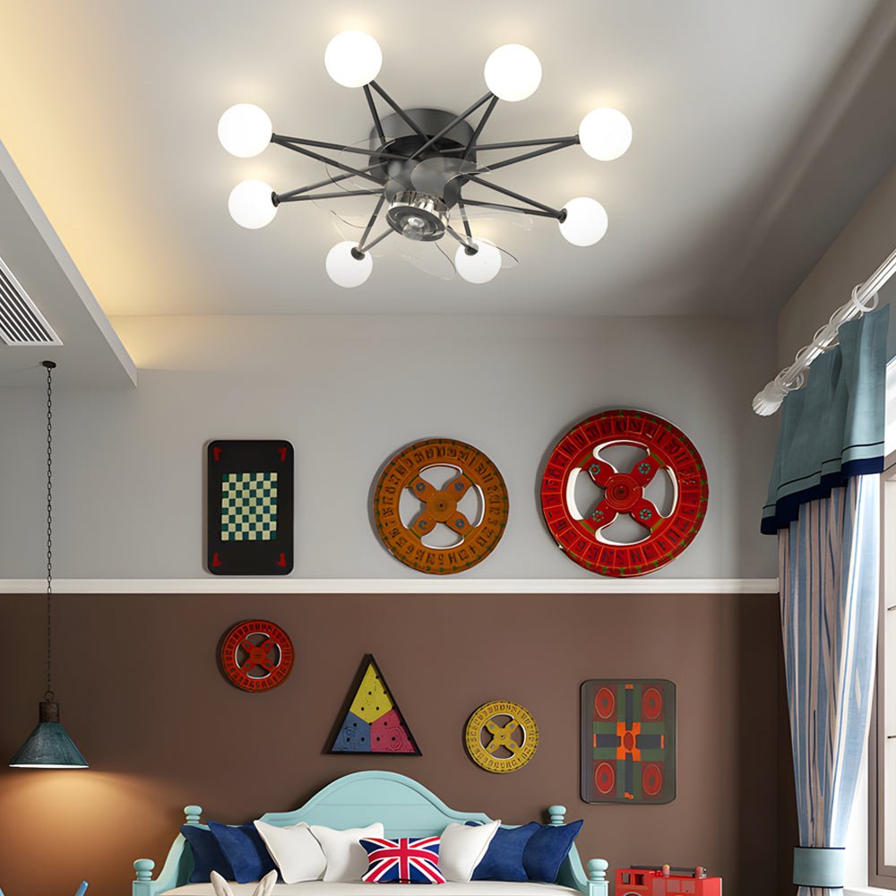 Indoor ceiling fans with lights with a black finish, providing ambient light in a modern interior.