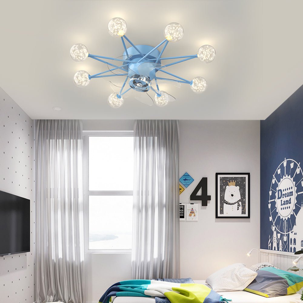 Indoor ceiling fans with lights with a blue and gold design, illuminating a stylish bedroom.