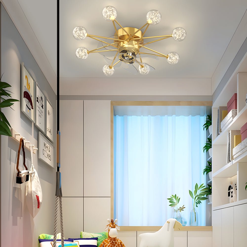Indoor ceiling fans with lights with a close-up of its multiple bulbs and sleek design.
