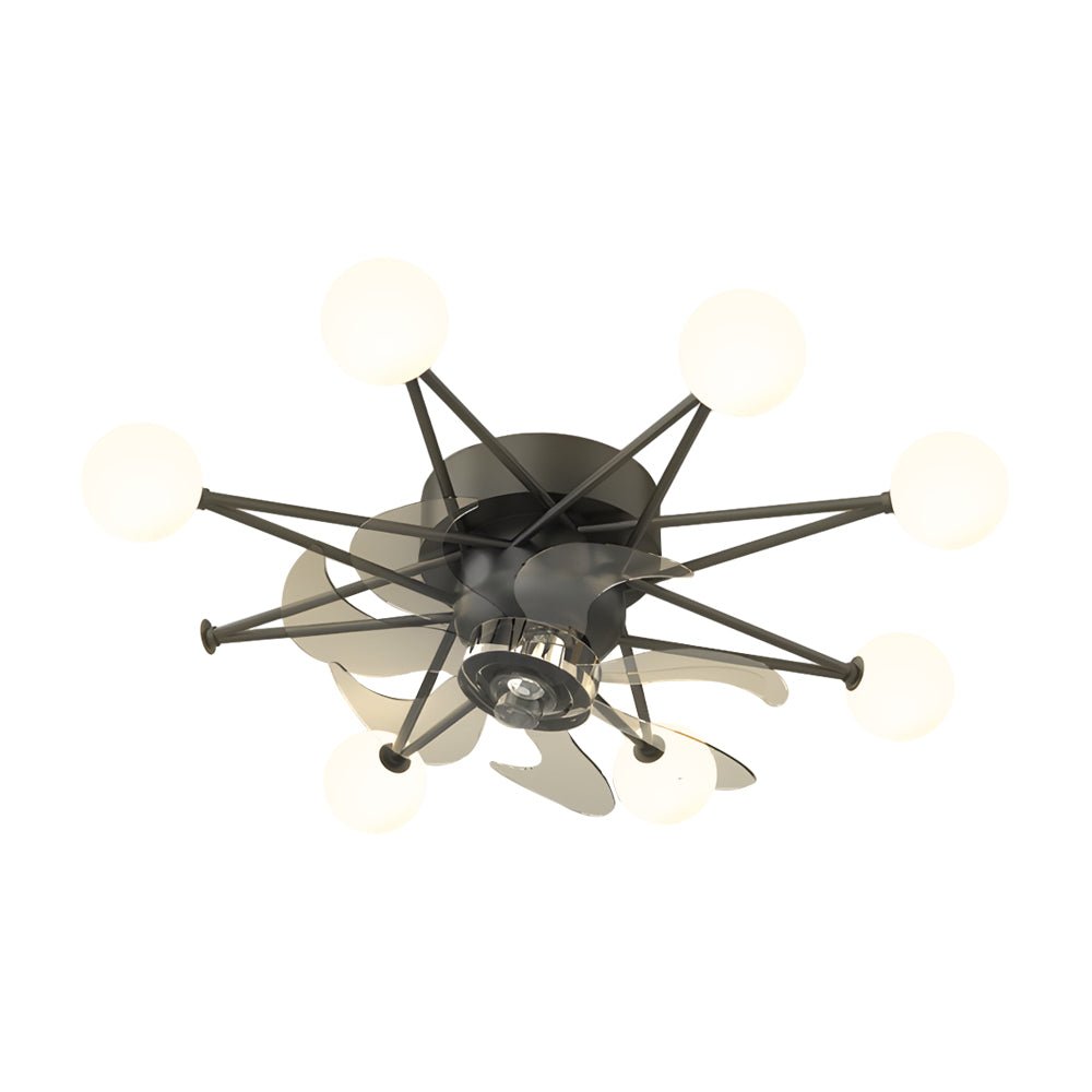 Indoor ceiling fans with lights with a close-up of its spherical bulb design.