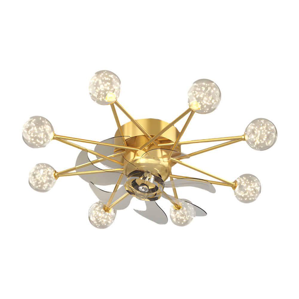 Indoor ceiling fans with lights with a modern design, illuminating a contemporary bedroom.