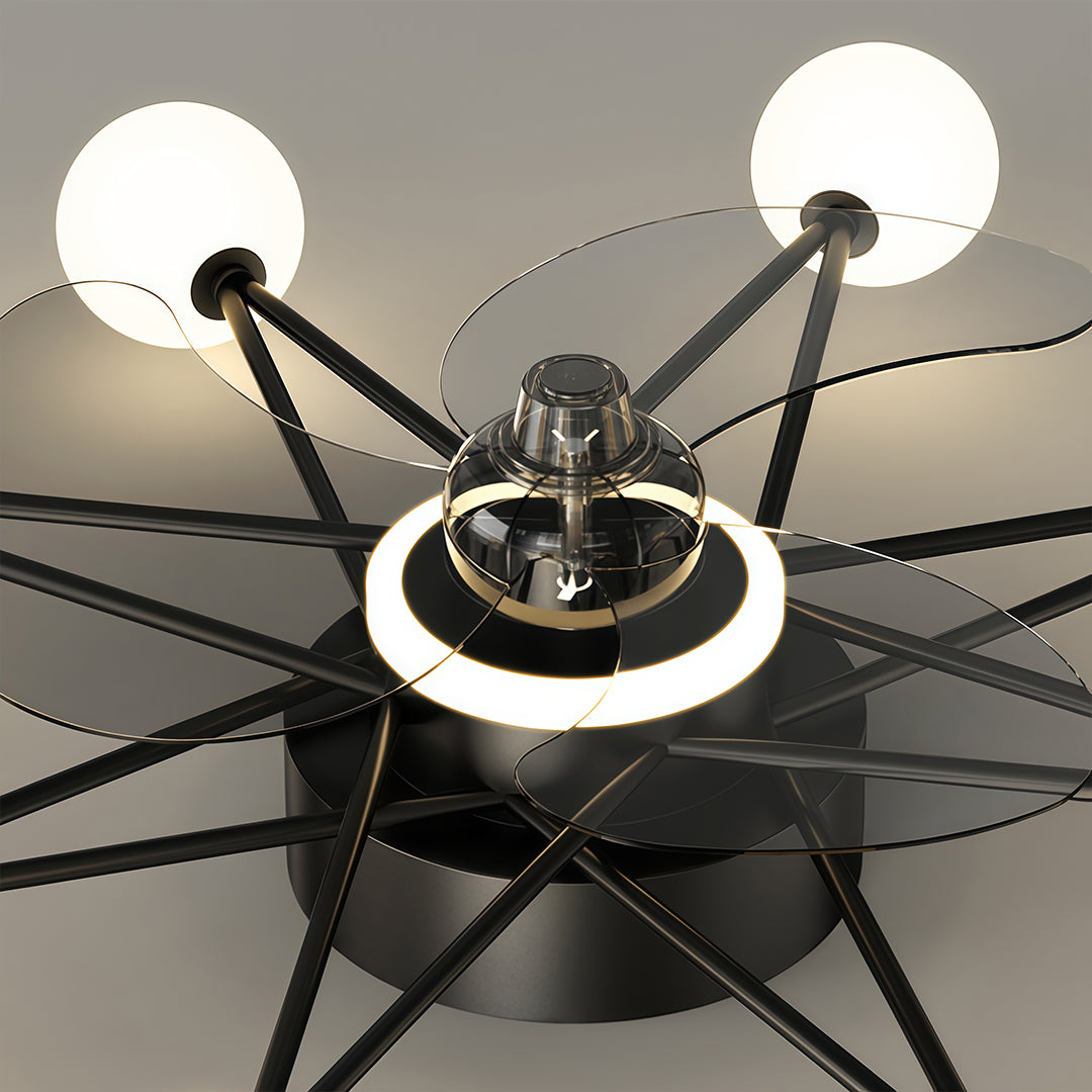 Indoor ceiling fans with lights with a sleek black design, enhancing a modern dining area.