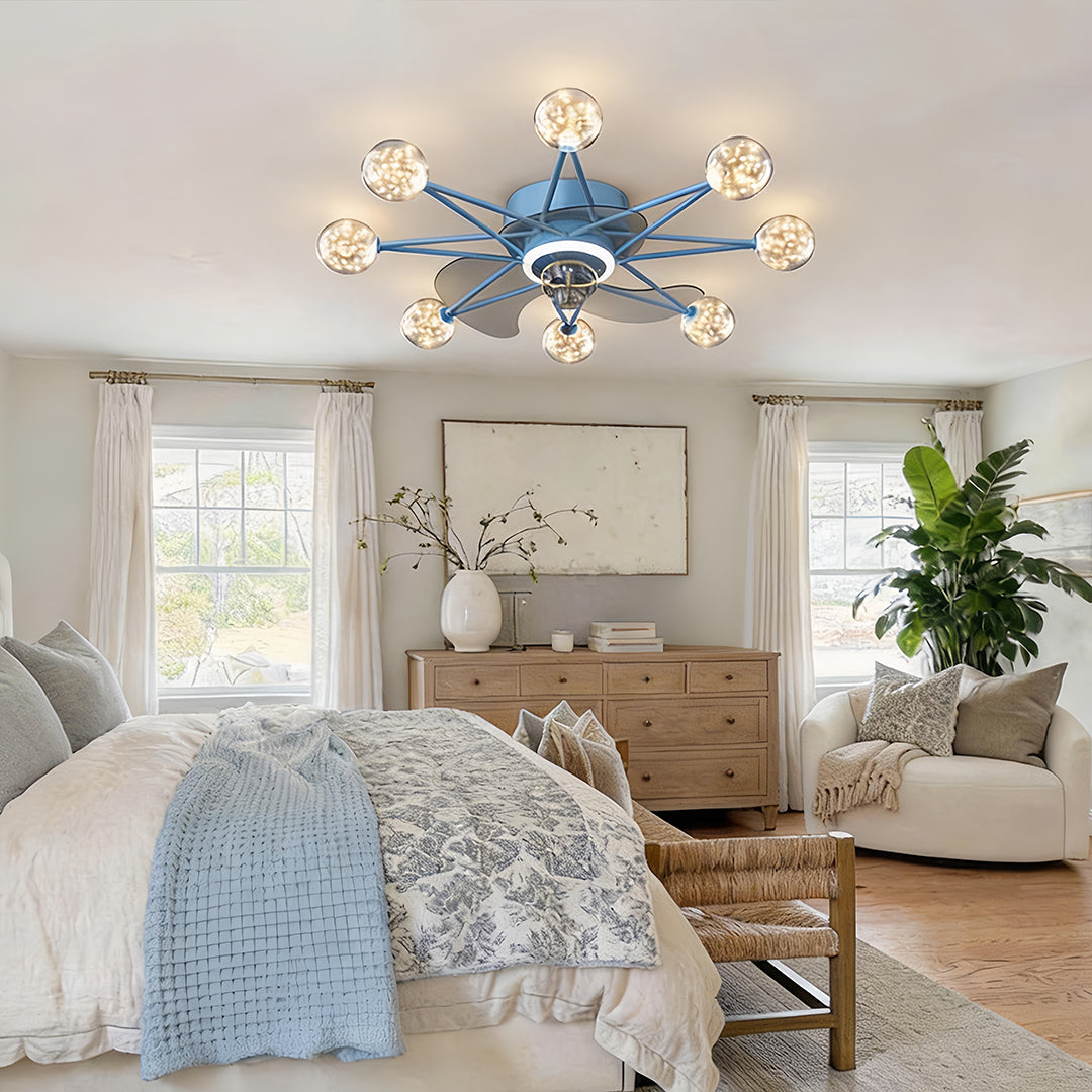 Indoor ceiling fans with lights in a sleek white finish, enhancing a contemporary living room.