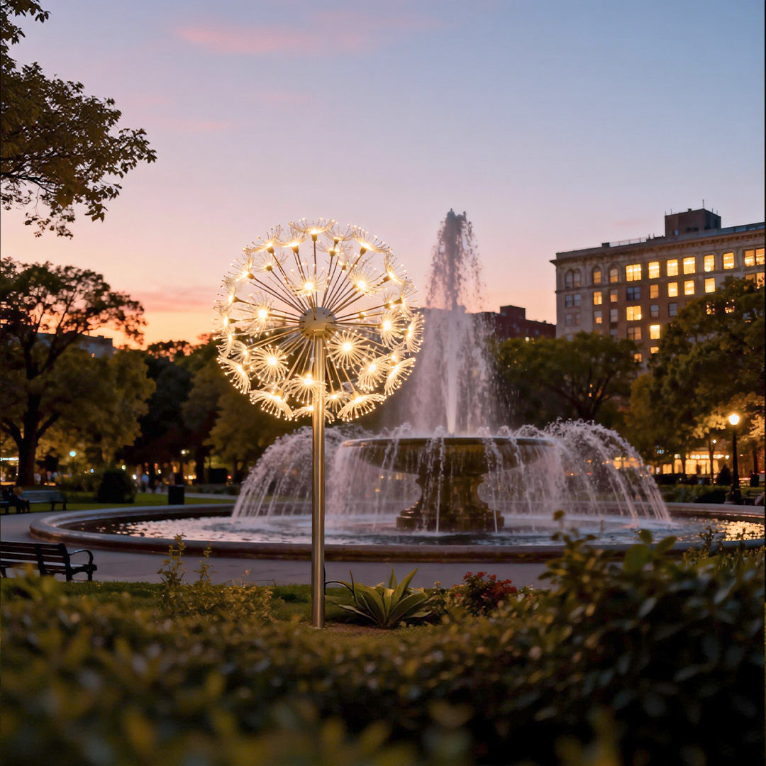 Large indoor installation of glowing dandelion garden lights outdoor style.