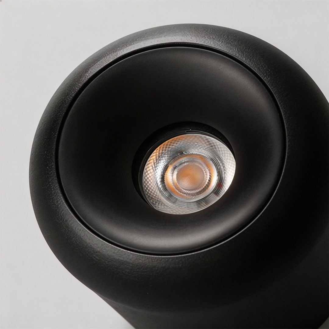 Close-up of a black cylindrical indoor spotlight lamp with a detailed light lens.