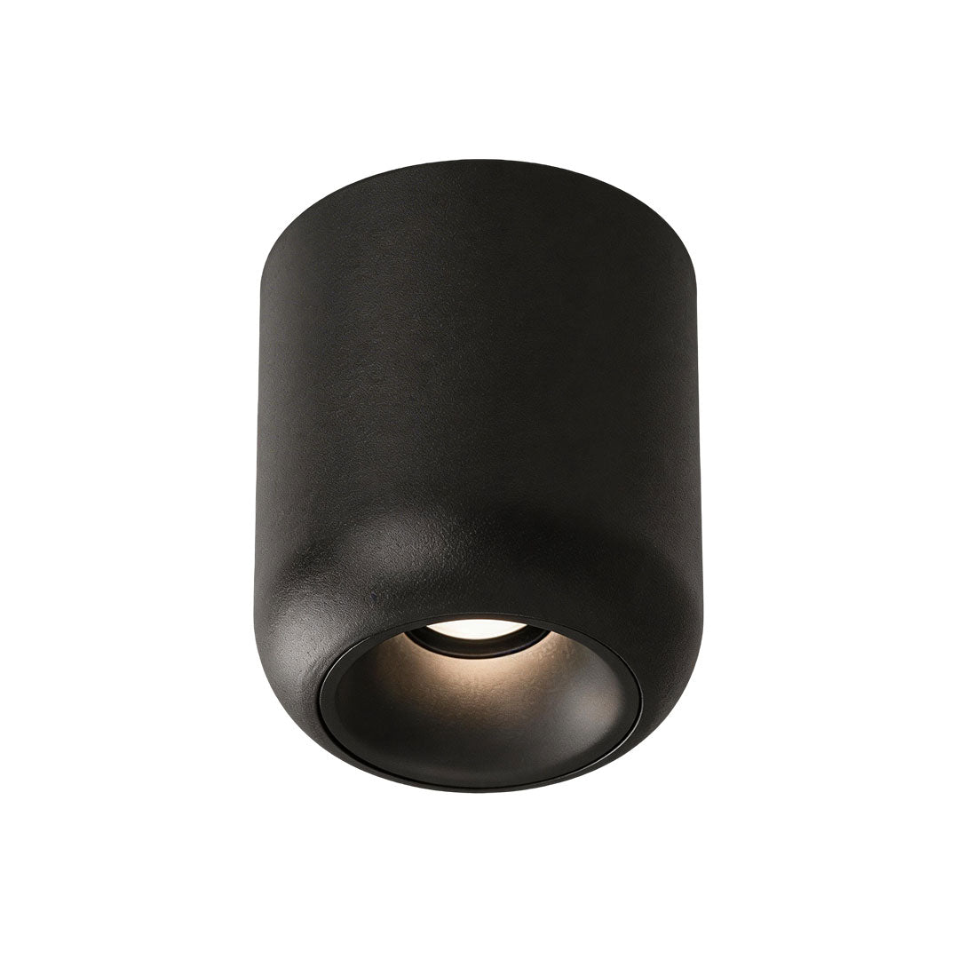 Cylindrical black indoor spotlight lamp with a modern sleek design, showing the light source inside.