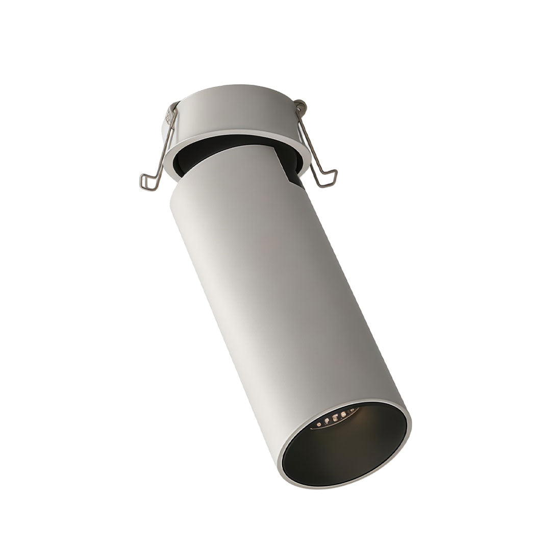 Detailed view of an indoor spotlight lamp, focusing on its cylindrical form and sleek finish.