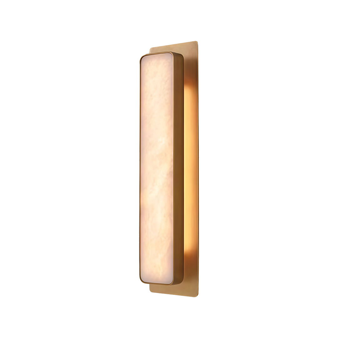 Side profile of gold wall light fixtures indoor spotlight lamp with slim vertical design and warm illumination.