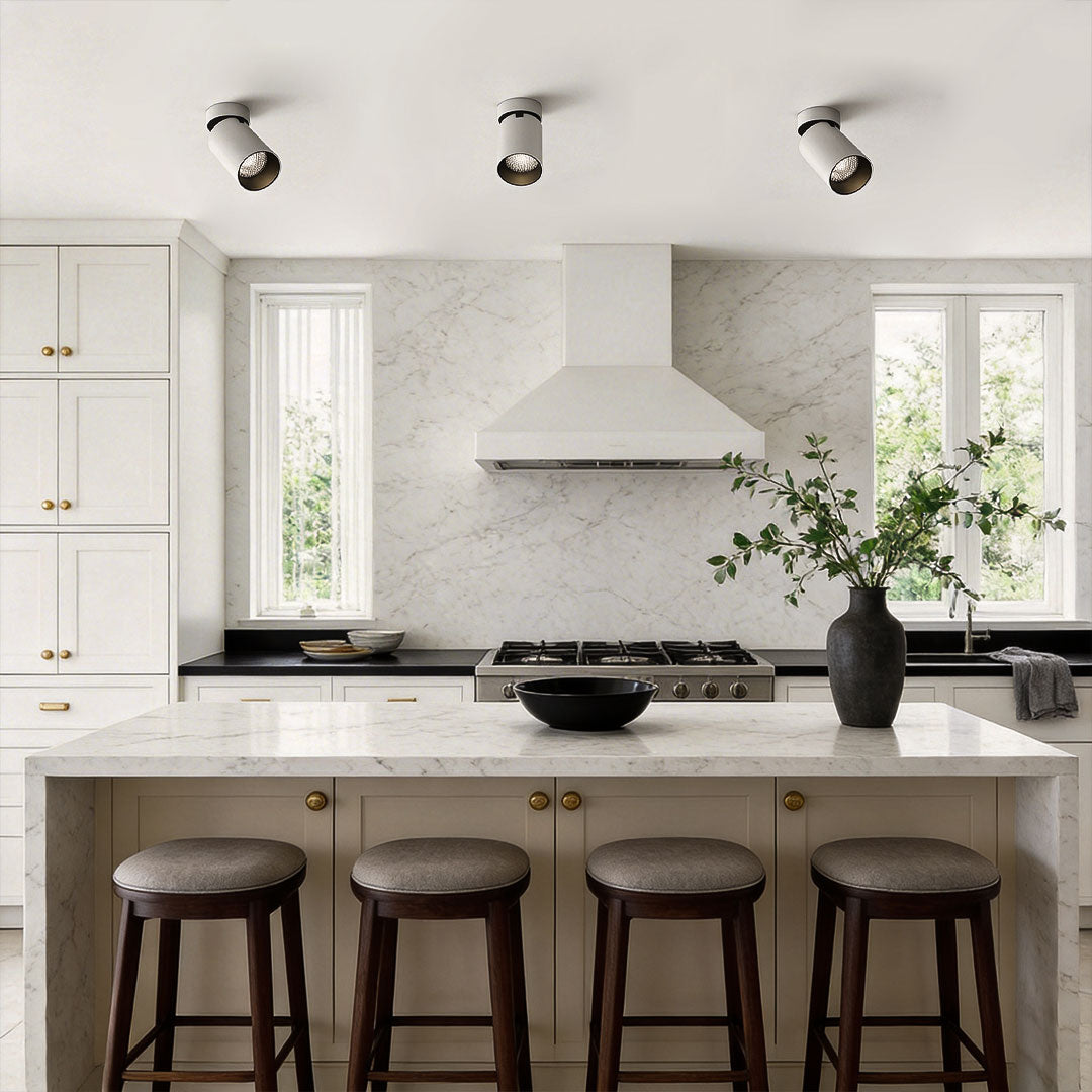 Indoor spotlight lamp mounted on the ceiling in a bright kitchen featuring white cabinetry and modern appliances.