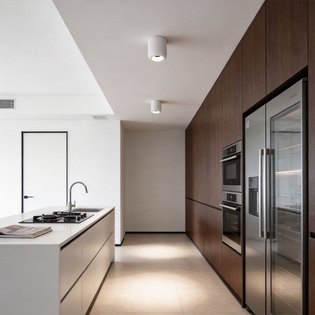 Indoor spotlight lamp positioned in a contemporary kitchen with sleek appliances and minimalist design.
