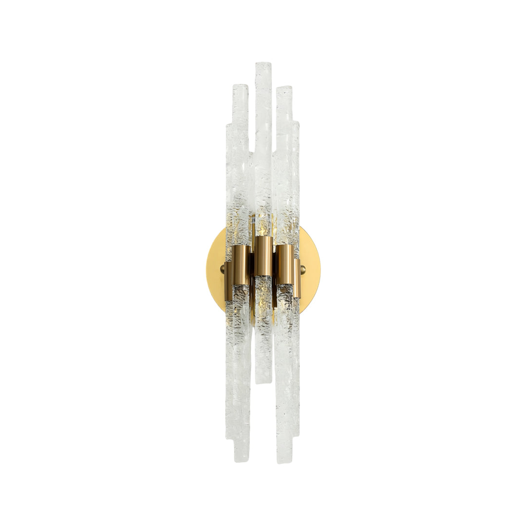 Front view of modern crystal wall light indoor spotlight lamp highlighting vertical glass arrangement and symmetry.