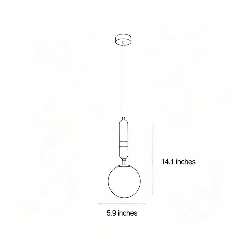 Technical drawing of modern globe pendant light indoor spotlight lamp with size dimensions and installation details.