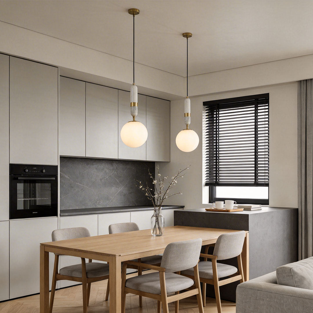 Dining space styled with modern globe pendant light indoor spotlight lamp creating balanced soft illumination.