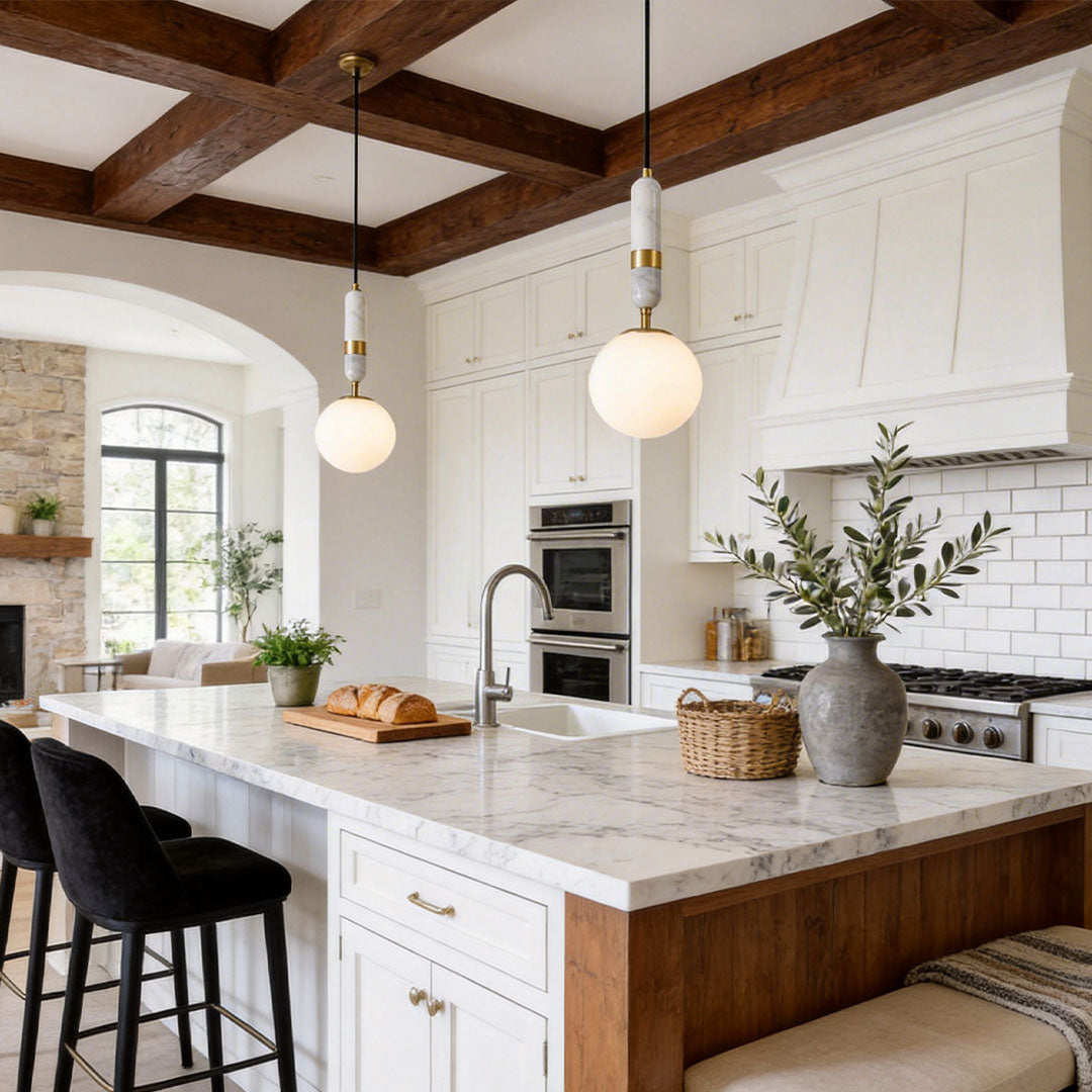 Bright kitchen island featuring modern globe pendant light indoor spotlight lamp with elegant minimal design.