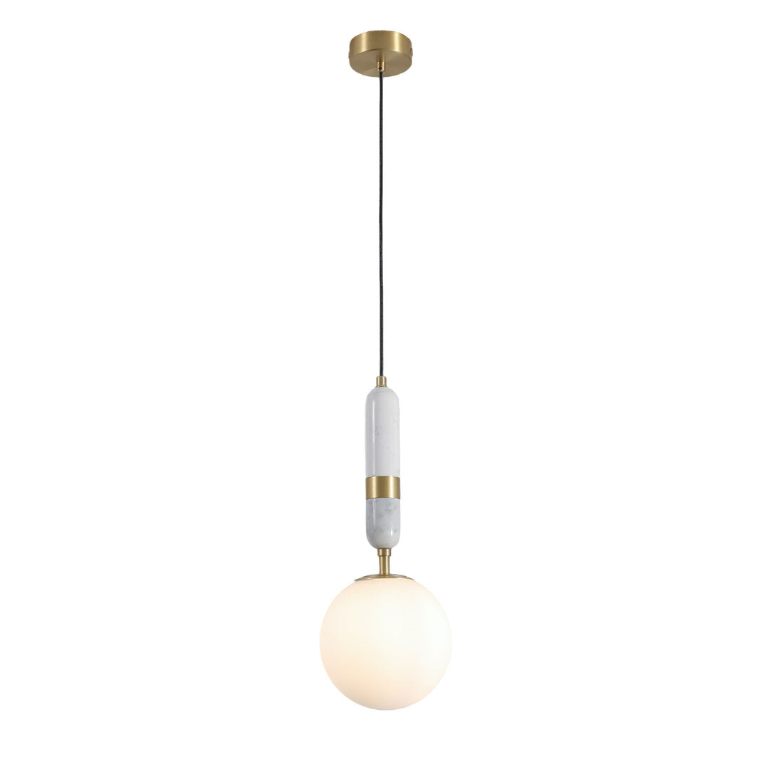 Single modern globe pendant light indoor spotlight lamp isolated with sleek vertical structure and globe shade.