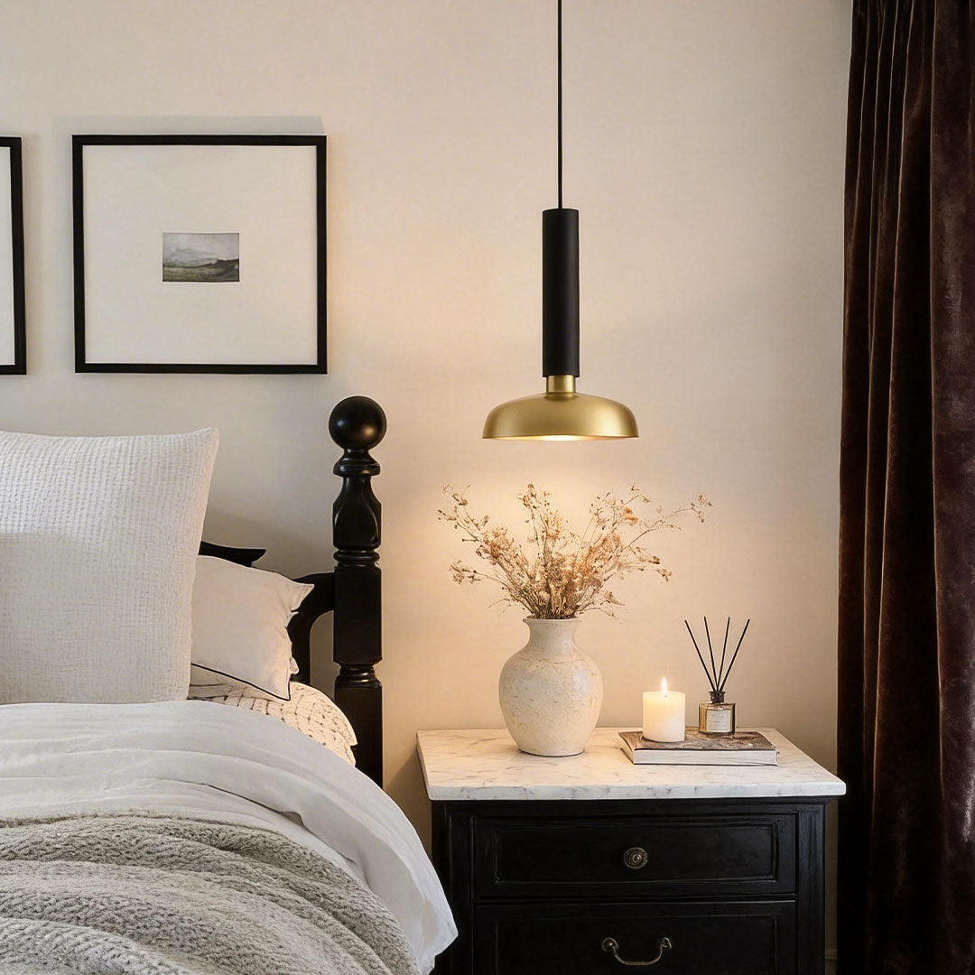 Minimalist bedroom with nordic light pendant indoor spotlight lamp adding warm and cozy ambient glow.