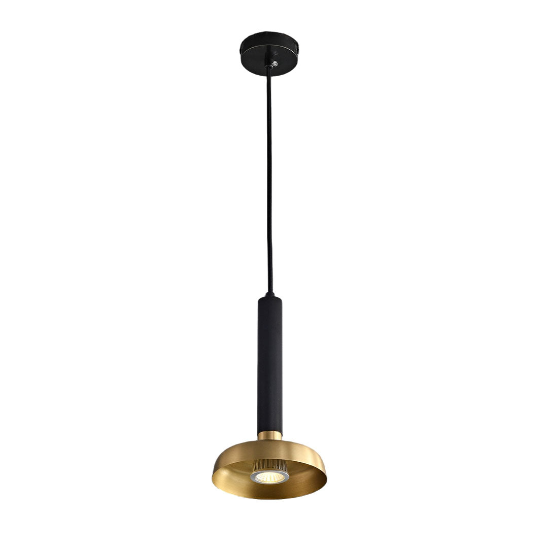 Single nordic light pendant indoor spotlight lamp isolated with slim cord and modern brass shade.