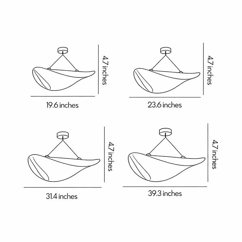 Technical drawing of oversized chandeliers indoor spotlight lamp with multiple size options and dimensions.