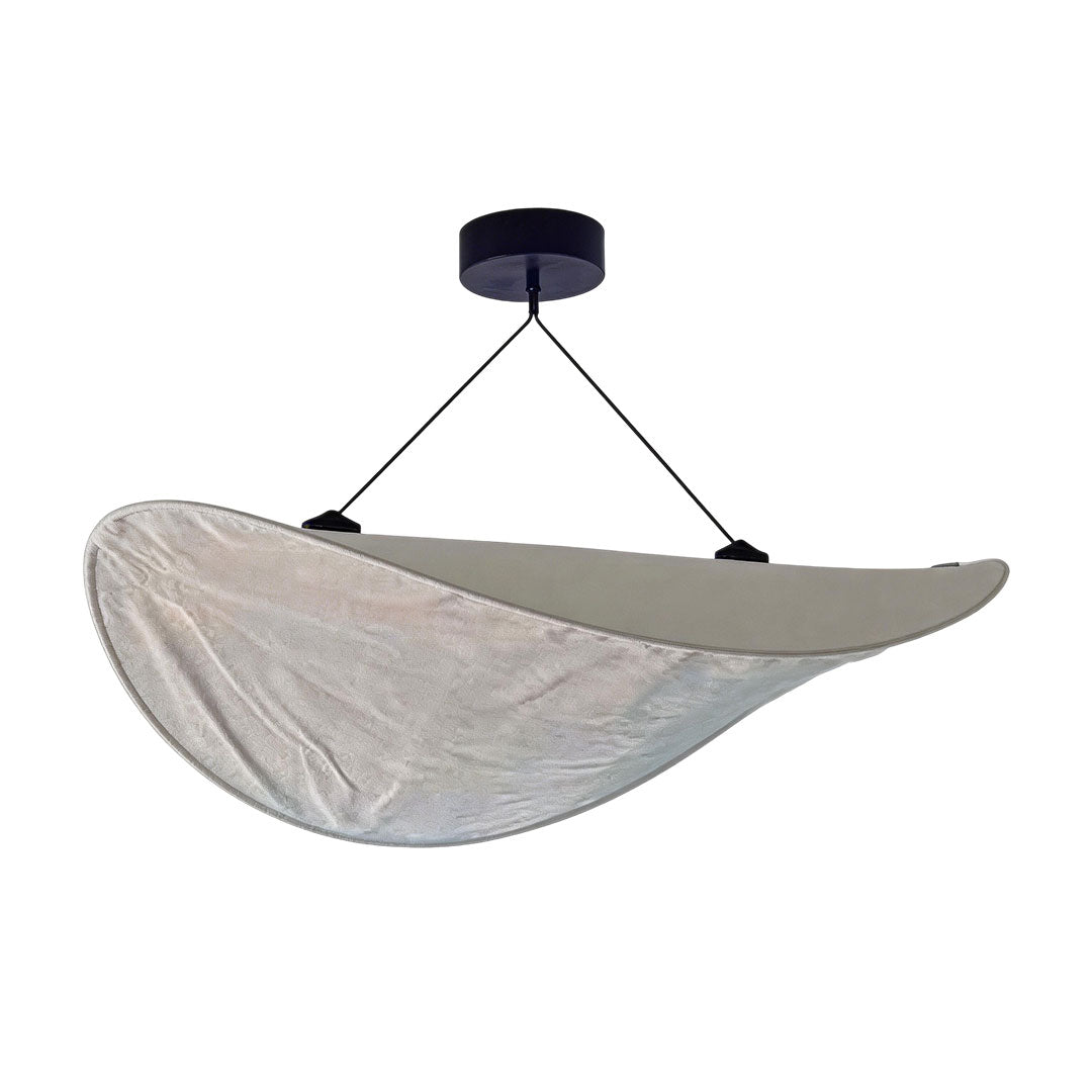 Side view of oversized chandeliers indoor spotlight lamp highlighting floating sculptural form and cables.