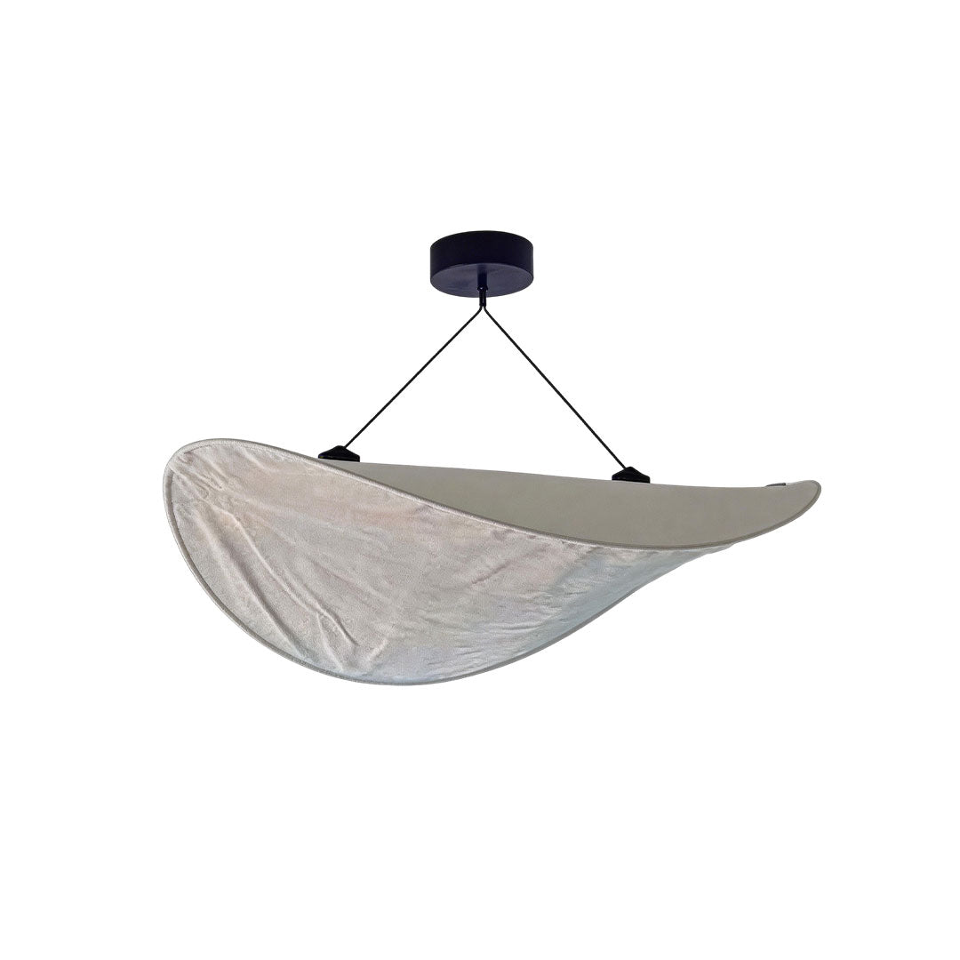 Single oversized chandeliers indoor spotlight lamp isolated with sculptural curved design and suspension cables.
