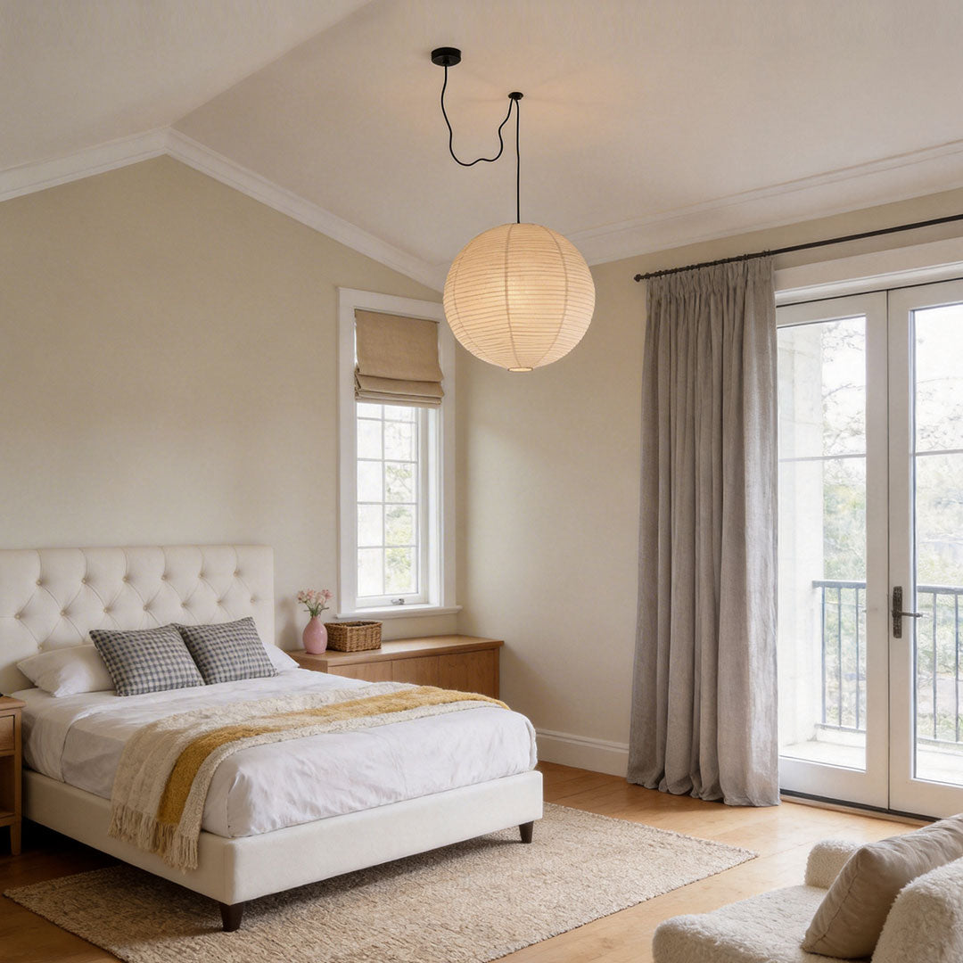 Bedroom with paper pendant light fixtures indoor spotlight lamp creating soft warm ambient lighting.