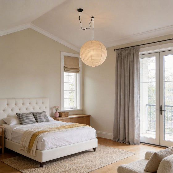 Bedroom with paper pendant light fixtures indoor spotlight lamp creating soft warm ambient lighting.