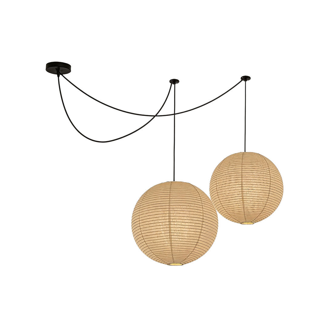 Technical diagram of paper pendant light fixtures indoor spotlight lamp with multiple size options.