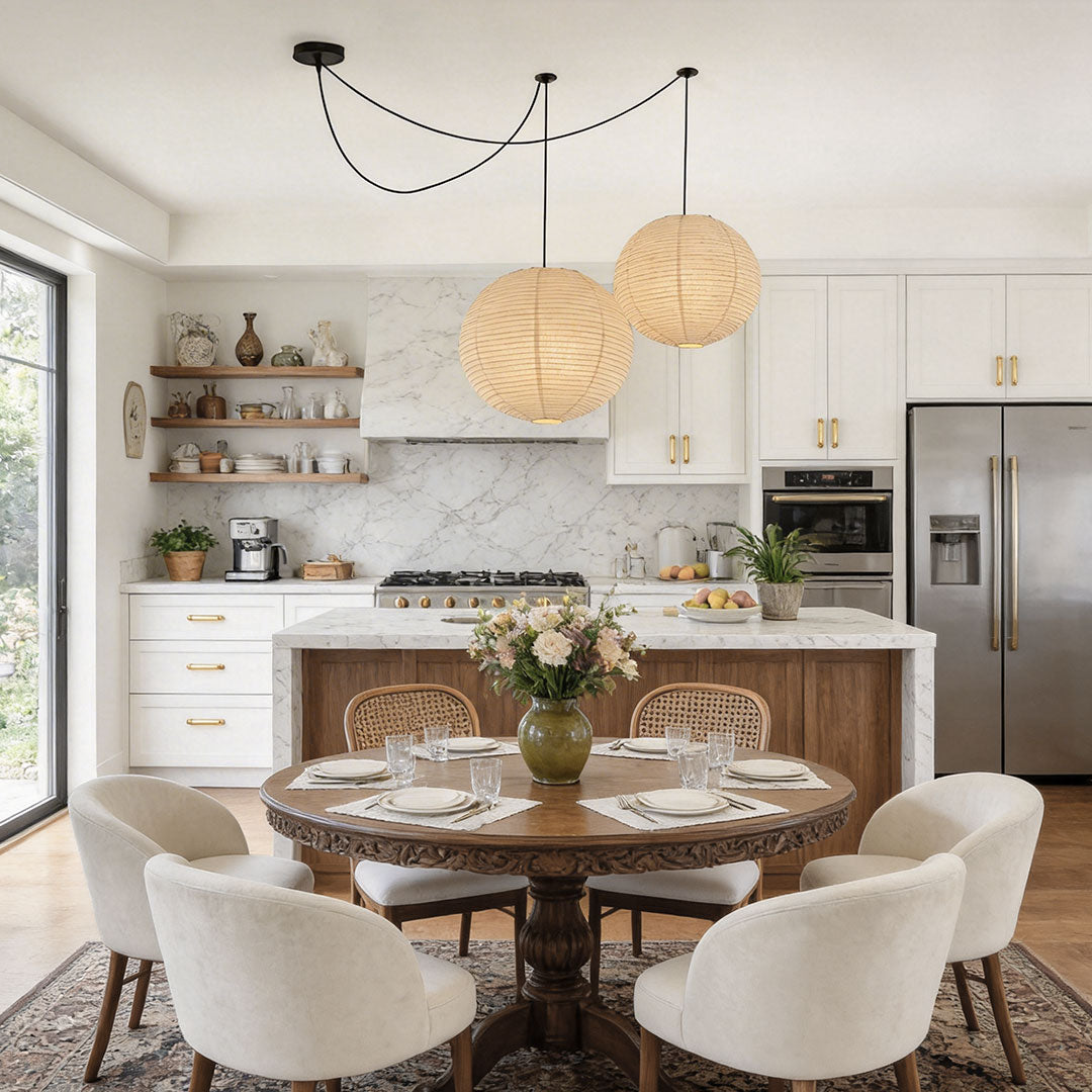 Dining area with paper pendant light fixtures indoor spotlight lamp above table in cozy modern setting.