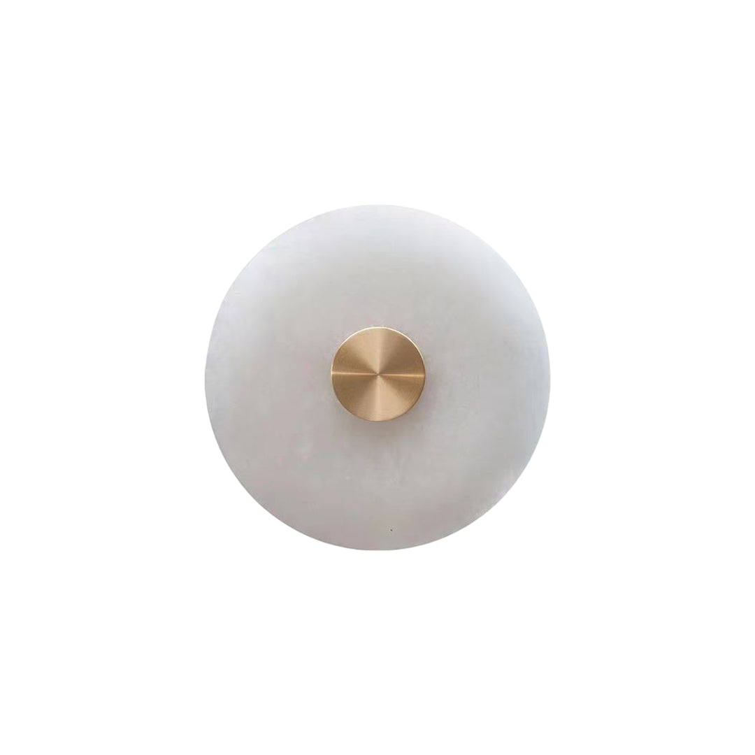 Close-up of round wall light indoor spotlight lamp with frosted diffuser and gold center detail.