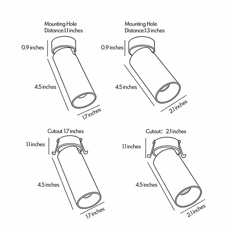 A sketch design showing the dimensions and structure of an indoor spotlight lamp.