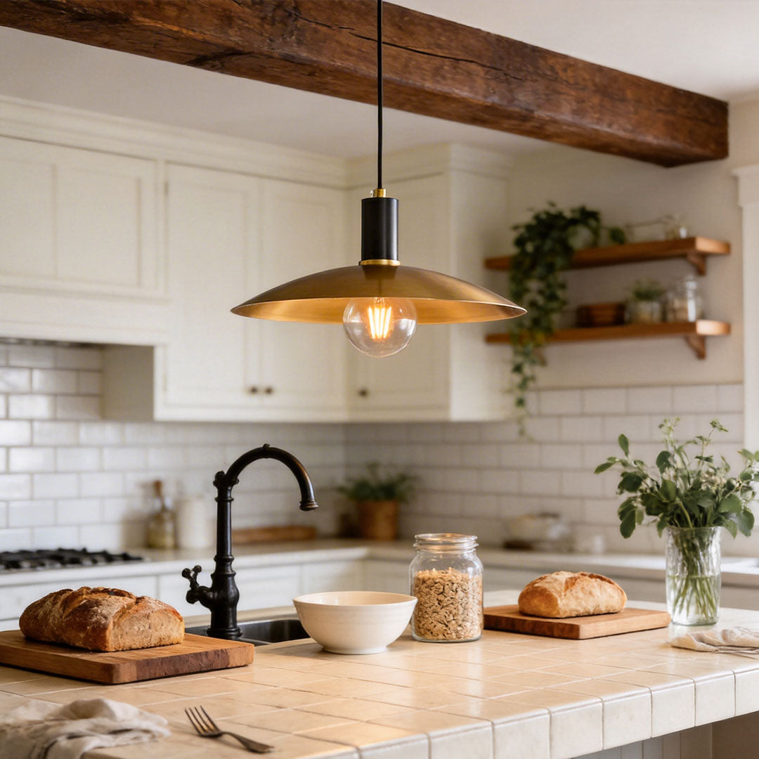 Close kitchen view with vintage glass light pendant indoor spotlight lamp highlighting countertop and decor.